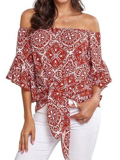 Loose One-shoulder Print Knotted Pullover Top - LuckyFash™