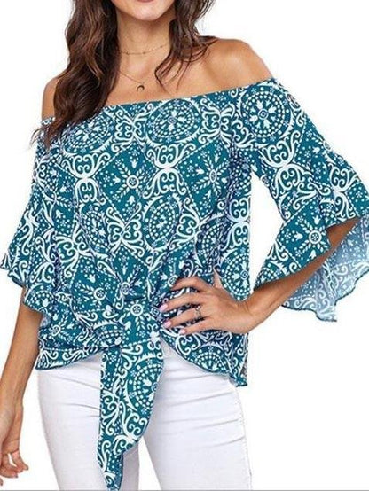 Loose One-shoulder Print Knotted Pullover Top - LuckyFash™