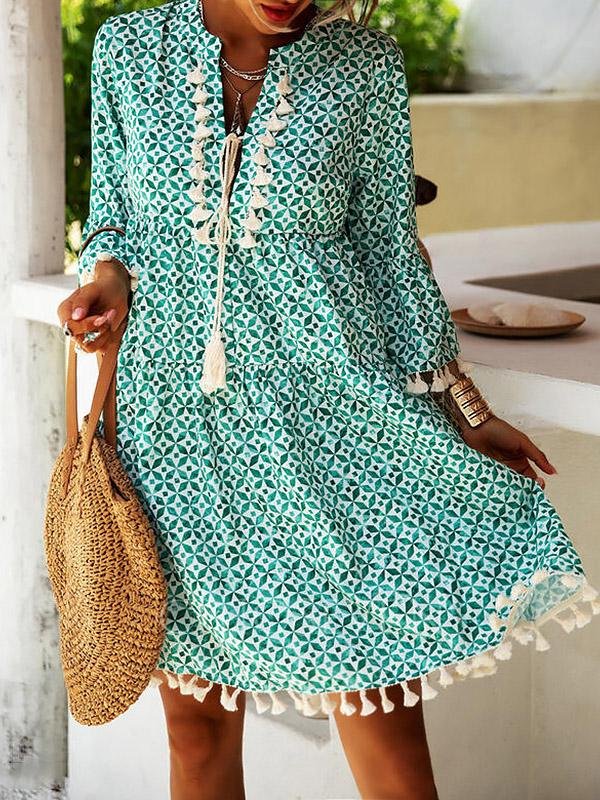 Loose Printed 3/4 Sleeve Fringed V-Neck Dress - LuckyFash™