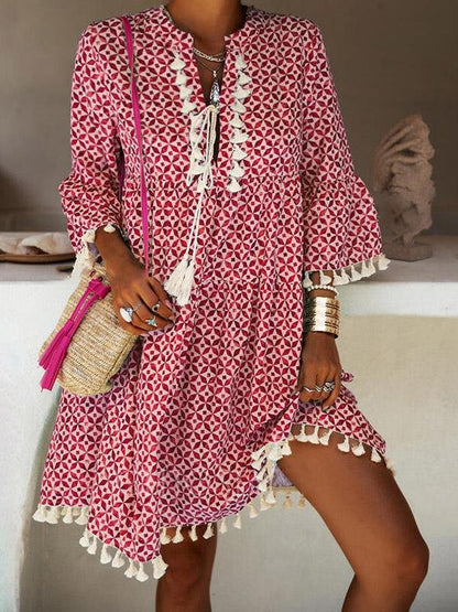 Loose Printed 3/4 Sleeve Fringed V-Neck Dress - LuckyFash™