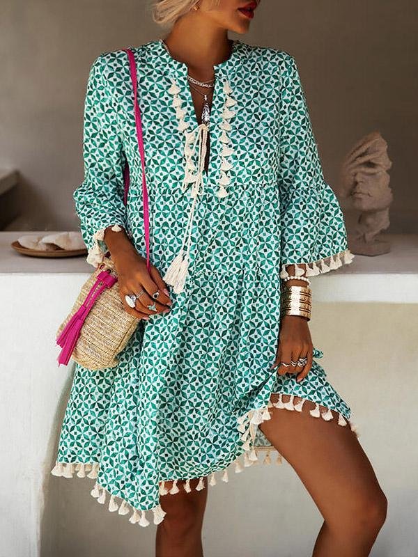 Loose Printed 3/4 Sleeve Fringed V-Neck Dress - LuckyFash™