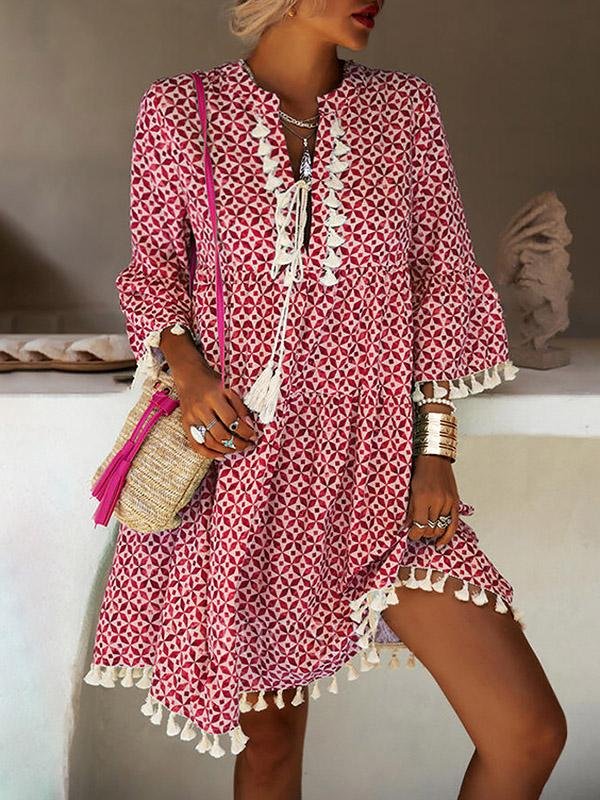 Loose Printed 3/4 Sleeve Fringed V-Neck Dress for Women