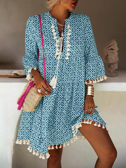 Loose Printed 3/4 Sleeve Fringed V-Neck Dress for Women