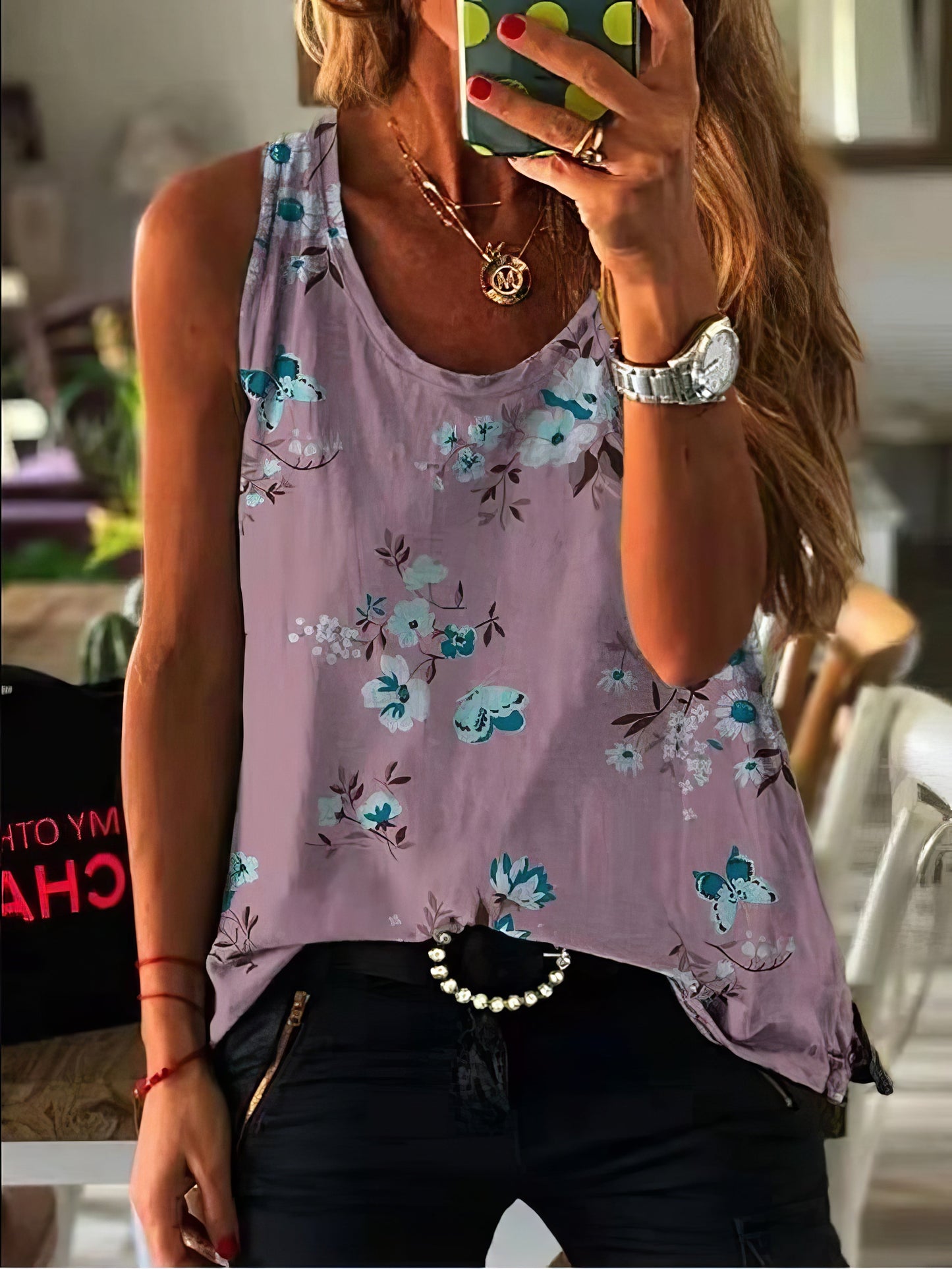 Tank Tops - Loose Printed Crew Neck Tank Tops - MsDressly