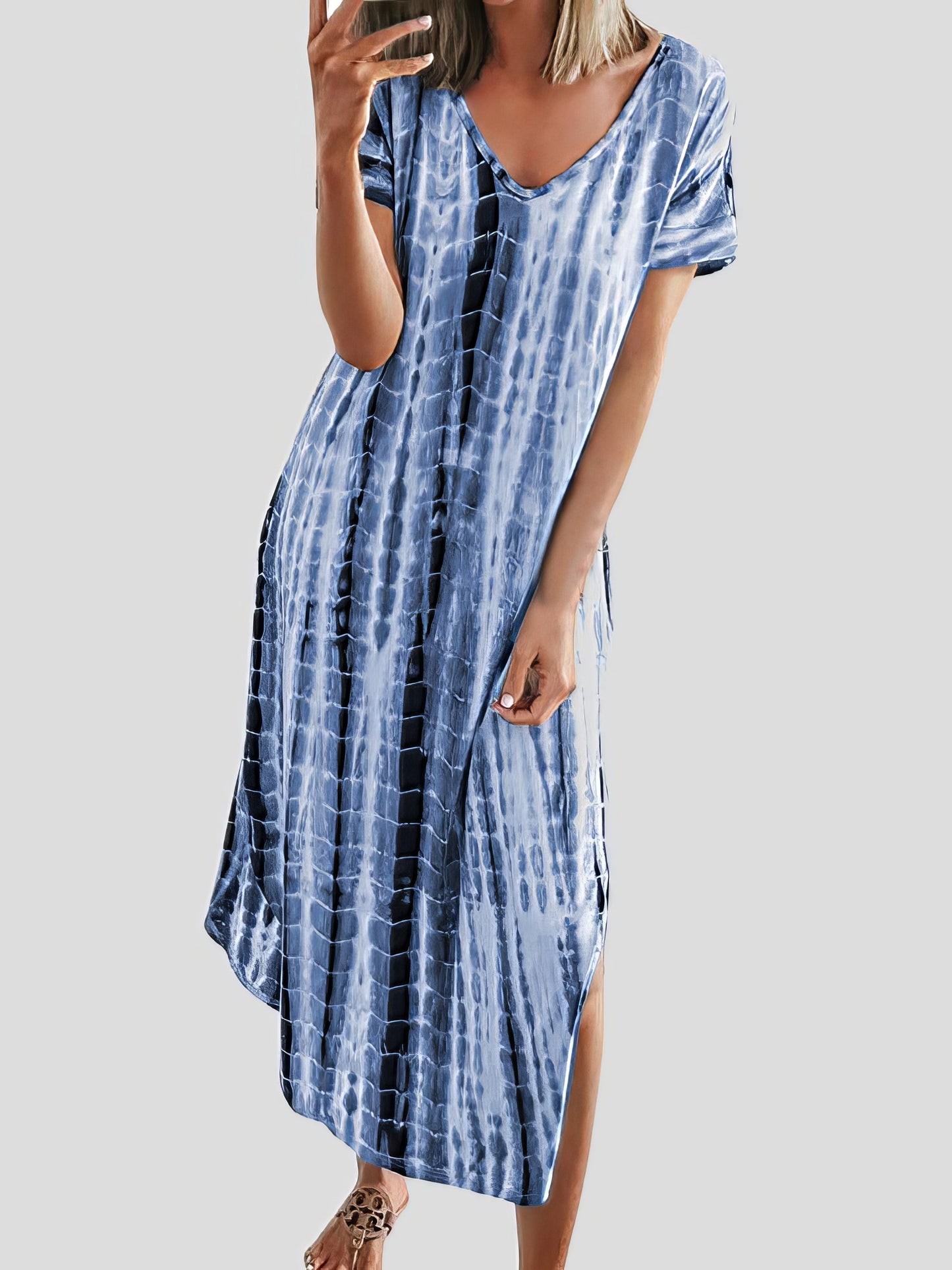 Maxi Dresses - Loose Tie-Dye Printed V-Neck Split Dress - MsDressly