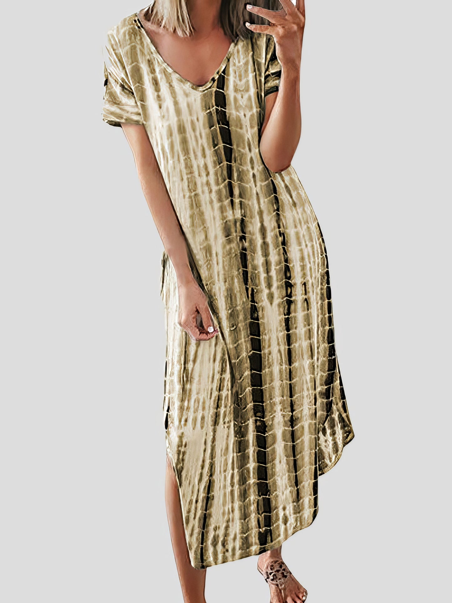 Maxi Dresses - Loose Tie-Dye Printed V-Neck Split Dress - MsDressly