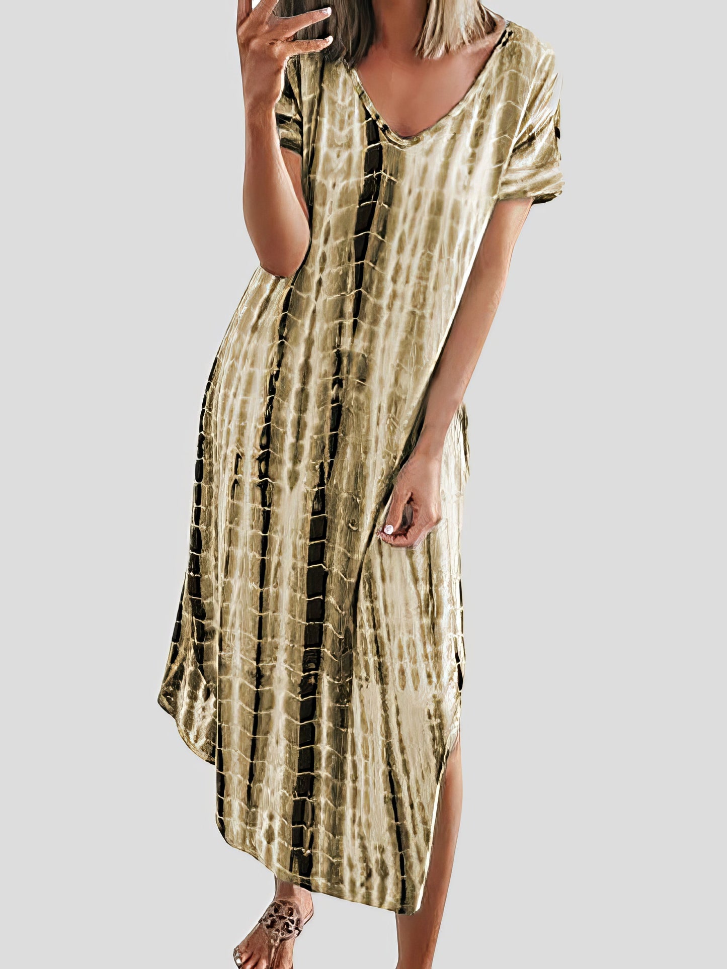 Maxi Dresses - Loose Tie-Dye Printed V-Neck Split Dress - MsDressly