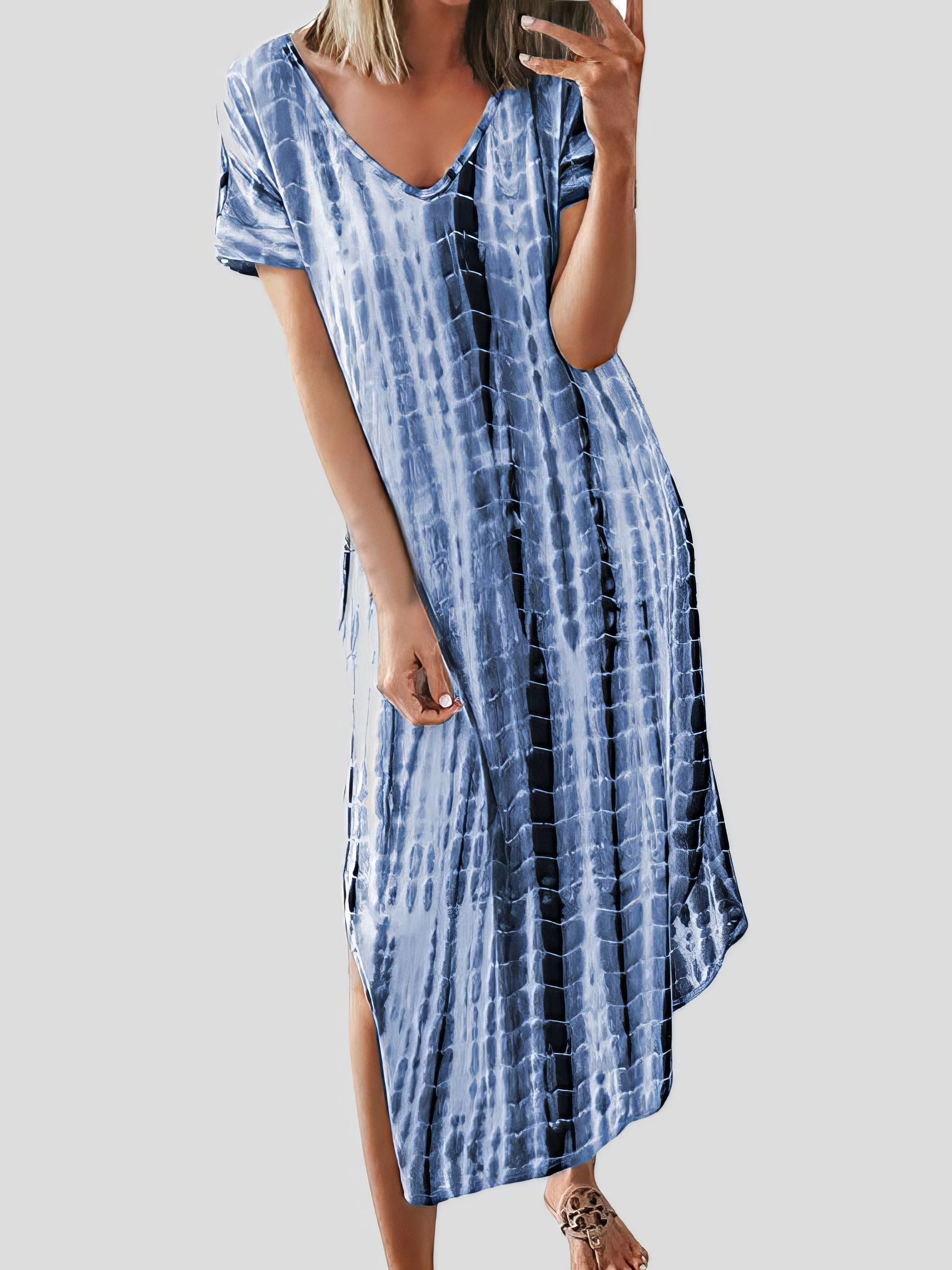 Maxi Dresses - Loose Tie-Dye Printed V-Neck Split Dress - MsDressly