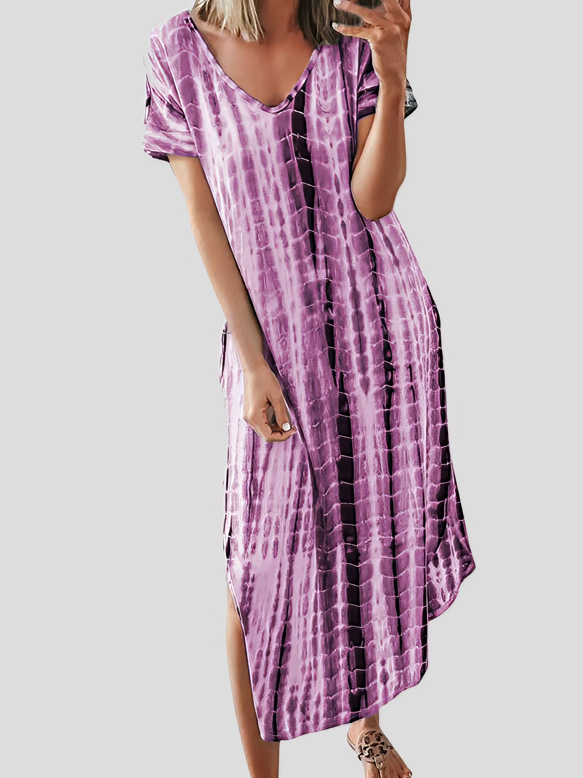 Maxi Dresses - Loose Tie-Dye Printed V-Neck Split Dress - MsDressly