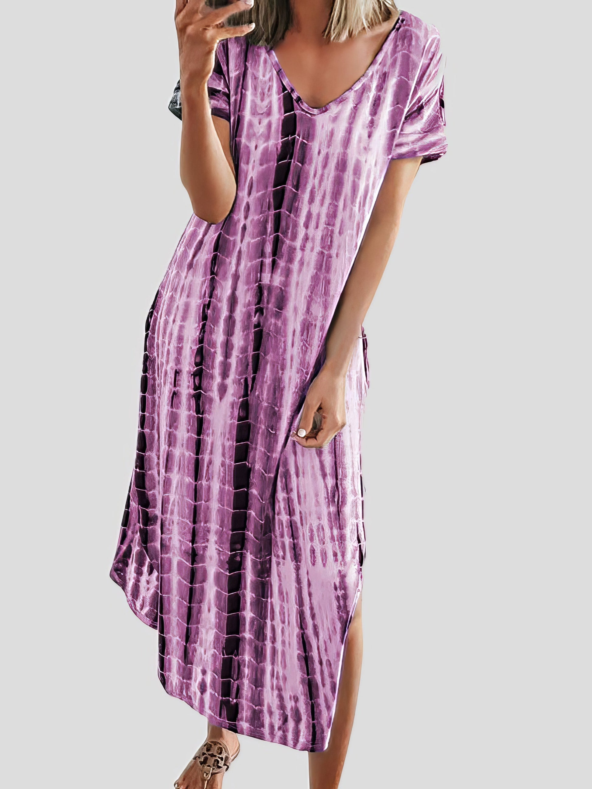 Maxi Dresses - Loose Tie-Dye Printed V-Neck Split Dress - MsDressly