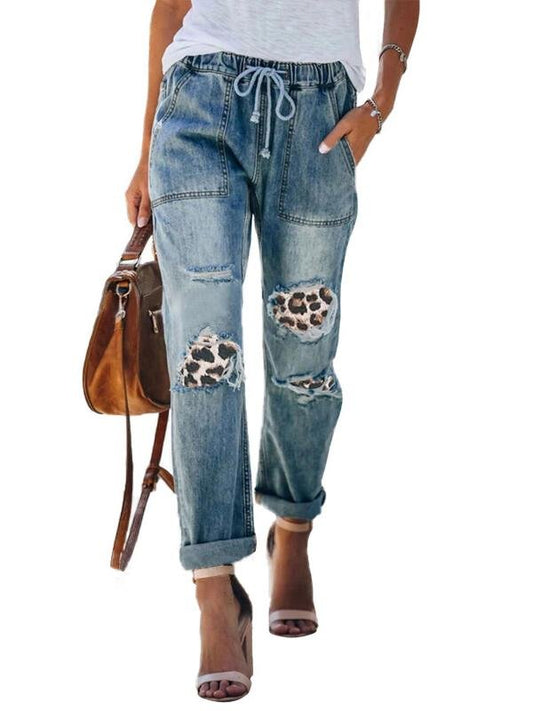 Loose Wide Leg Ripped Elastic Waist Jeans for Women