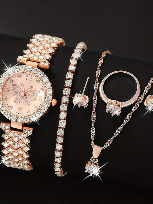 5PCS Set Women Watch Ring Necklace Earrings Rhinestone Fashion Wristwatch Female Casual Ladies Watches Bracelet Set Clock