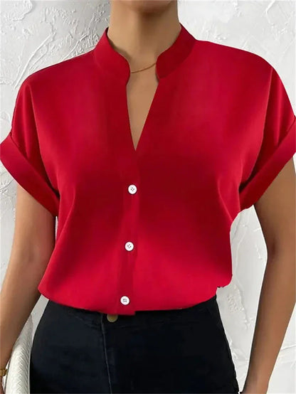 Women's Shirt Blouse Plain Orange red Black White Button Short Sleeve Work Elegant Fashion Business Standing Collar Regular Fit