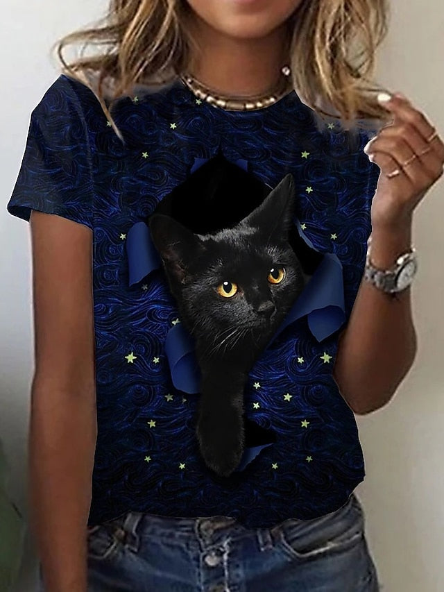 Women's T shirt Tee Black White Light Grey Graphic Cat Print Short Sleeve Casual Daily Cute Vintage Round Neck Regular 3D Cat S - LuckyFash™