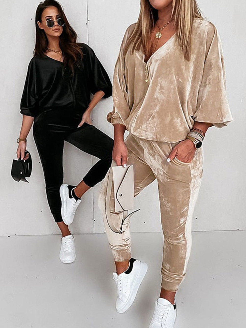 Luxurious Khaki Velvet Two Piece Set with Zippered Top and Joggers