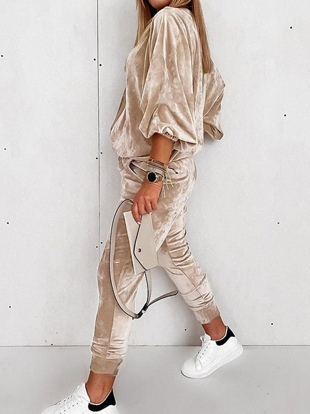 Luxurious Khaki Velvet Two Piece Set with Zippered Top and Joggers