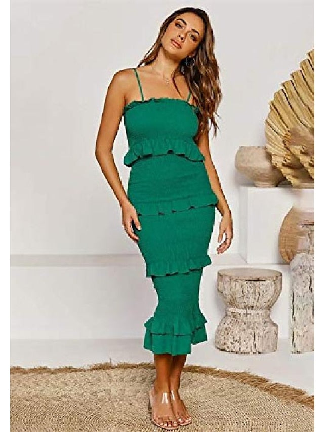 Women's Party Dress Sheath Dress Emerald Green Dress Midi Dress Black White Pink Sleeveless Pure Color Ruched Summer Spring Strap Fashion Party Vacation Summer Dress Slim 2022 S M L XL - LuckyFash™