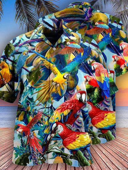 Men's Shirt Summer Hawaiian Shirt Camp Collar Shirt Graphic Shirt Aloha Shirt Parrot Turndown Yellow Light Green Pink Red Blue 3D Print Outdoor Street Short Sleeve Button-Down Clothing Apparel - LuckyFash™