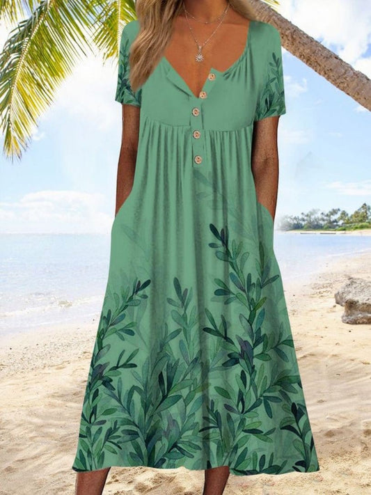 MsDressly Maxi Dresses Casual Floral Print Button Pocket Short Sleeve Dress DRE2206234544GRES