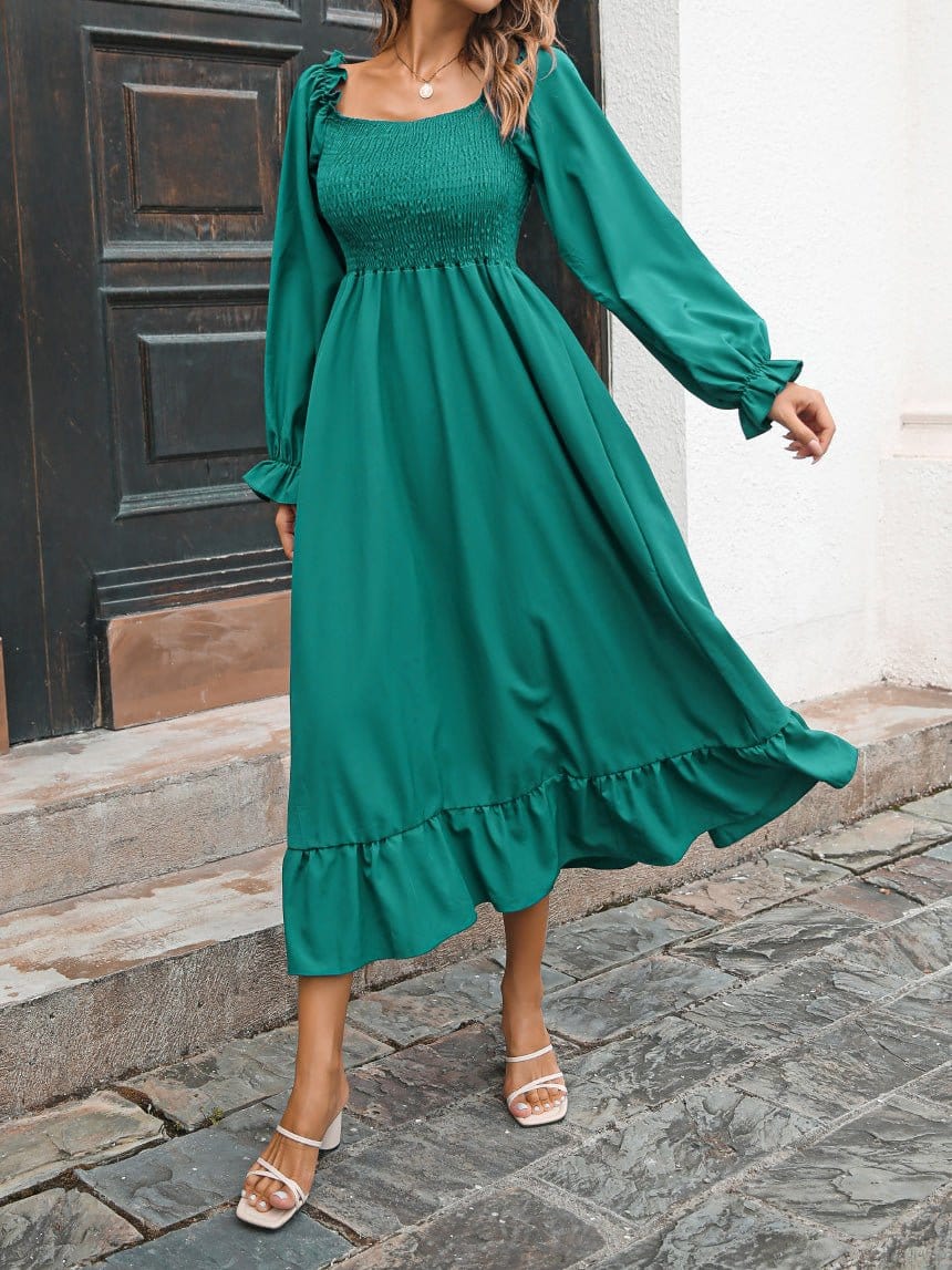 MsDressly Maxi Dresses Casual Square Neck Long Sleeve Ruffle Dress DRE2209295556GRES