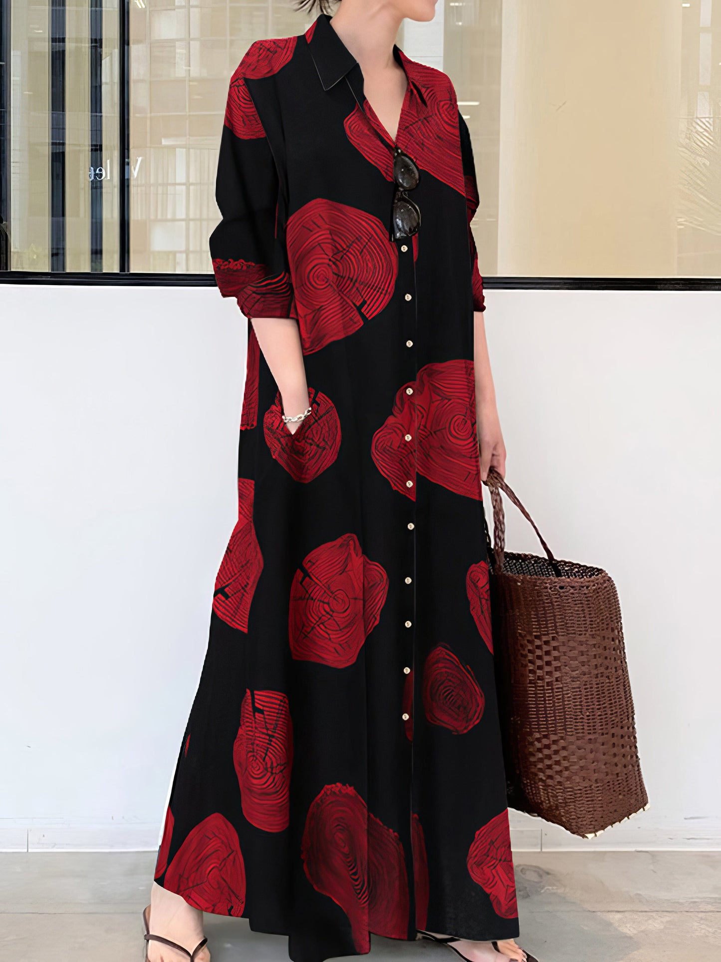 MsDressly Maxi Dresses Cotton Printed Long Sleeve Loose Casual Maxi Dress DRE2303060032REDS