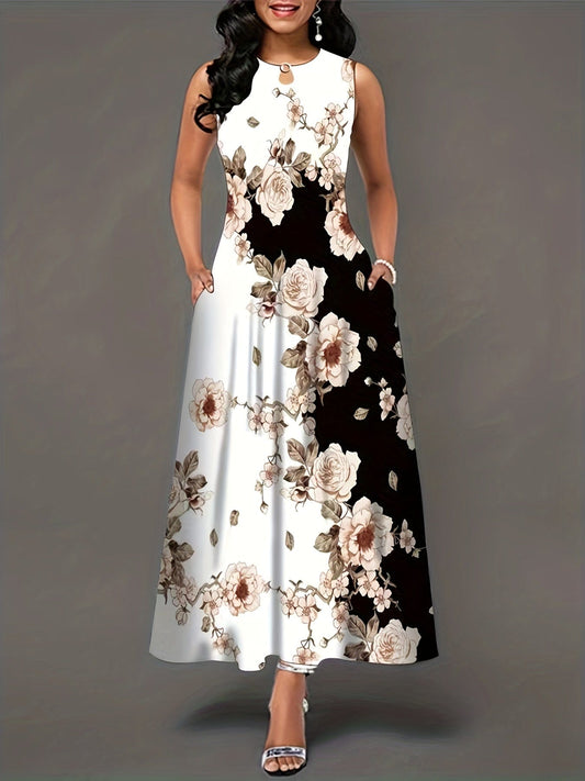 MsDressly Maxi Dresses Elegant Floral Print Sleeveless Keyhole Neckline Pockets Maxi Dress DRE231012107WHIS(4)