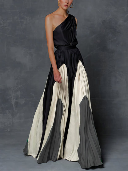 MsDressly Maxi Dresses Elegant One Shoulder Colorblock A Line Prom Dress DRE210519974BLAS