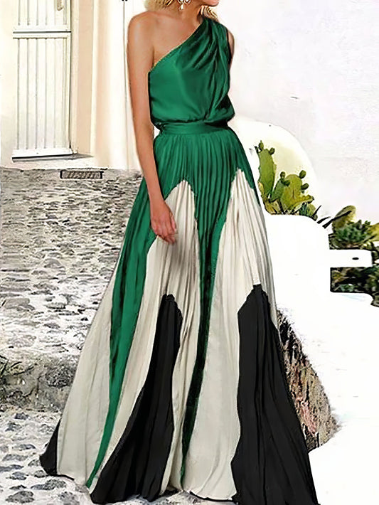 MsDressly Maxi Dresses Elegant One Shoulder Colorblock A Line Prom Dress DRE210519974GRES