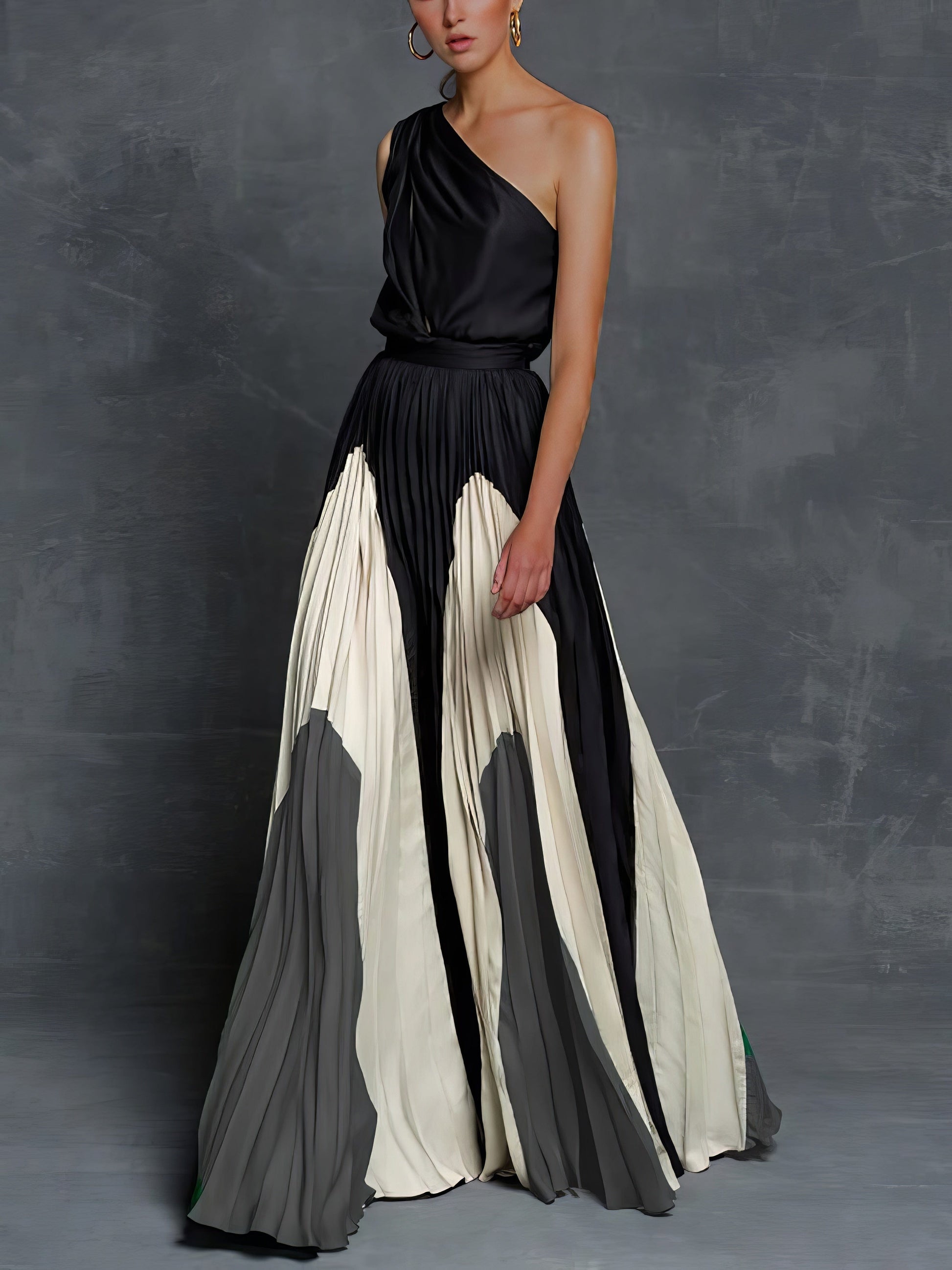 MsDressly Maxi Dresses Elegant One Shoulder Colorblock A Line Prom Dress