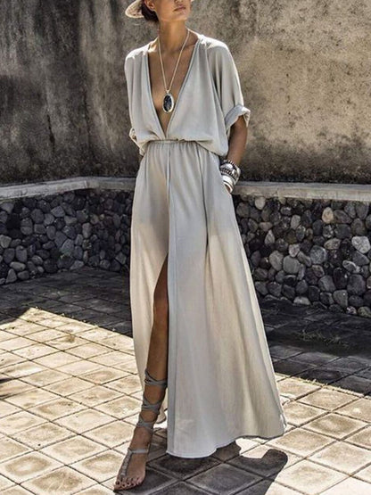 MsDressly Maxi Dresses Elegant Solid Deep V Neck Split Dress DRE2106281315WHIS