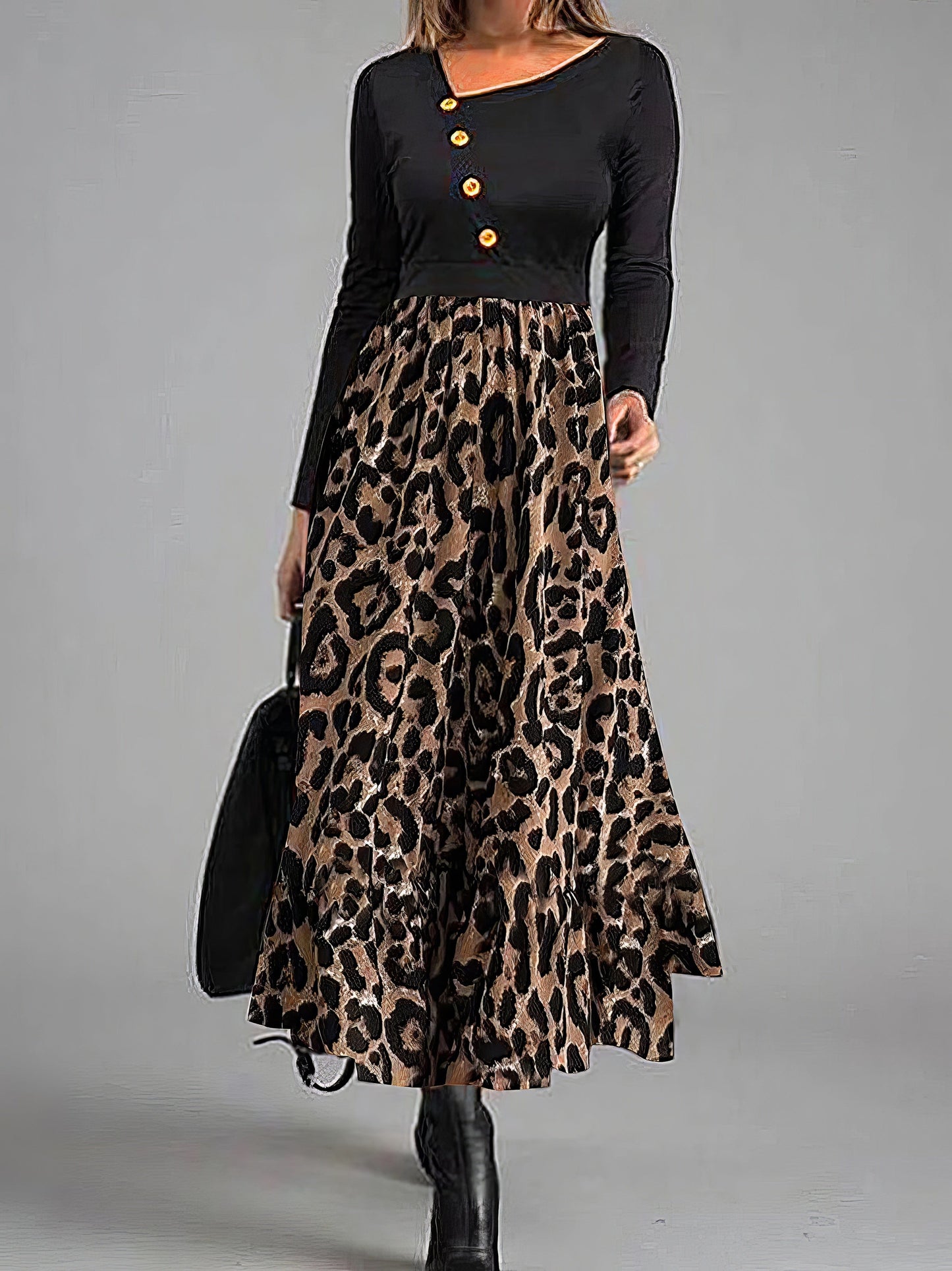 MsDressly Maxi Dresses Leopard Print Panel Button Long Sleeve Dress