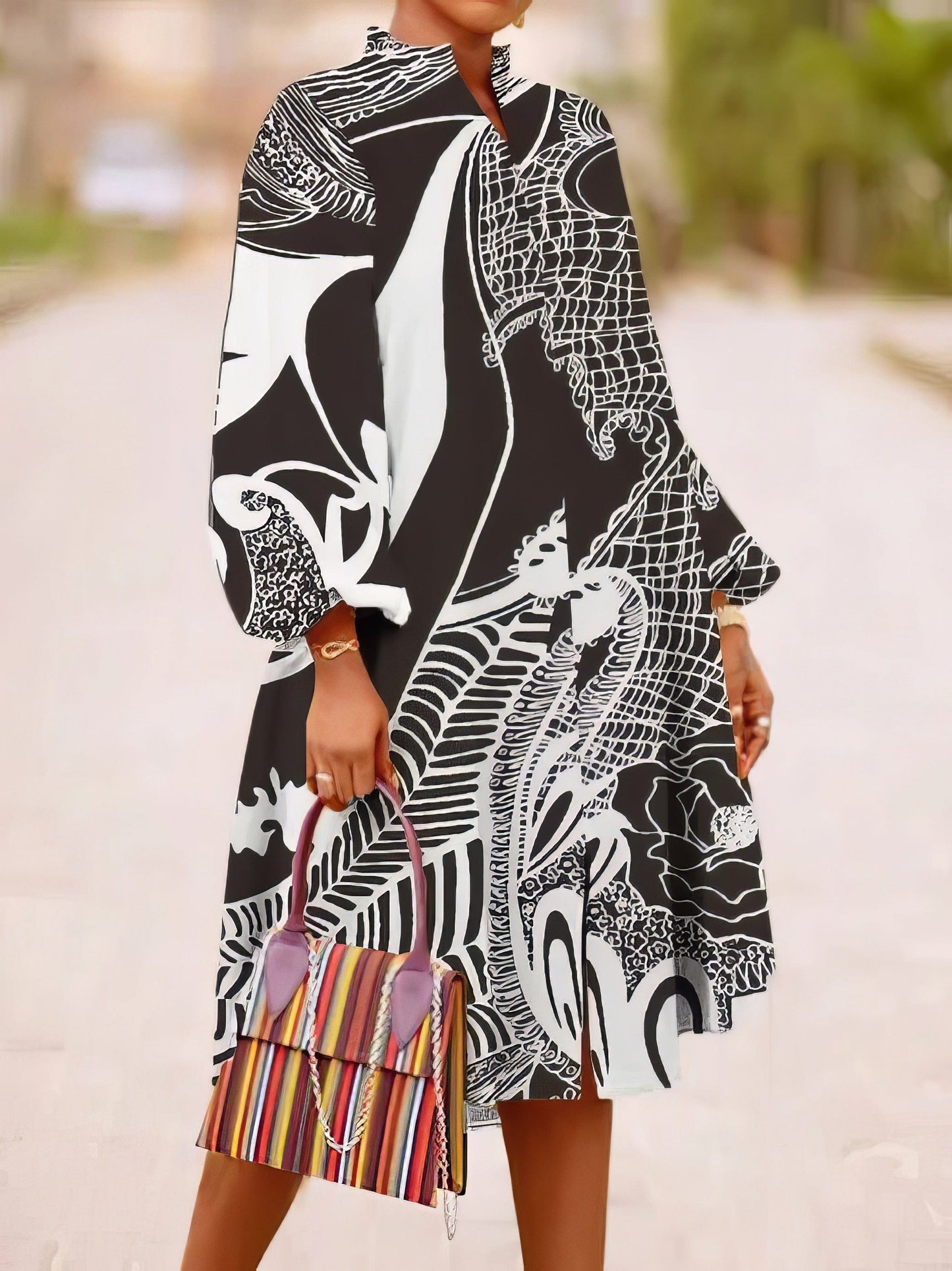 MsDressly Maxi Dresses Loose Multicolor Printed Long Sleeve Dress DRE2209215487BWHIS