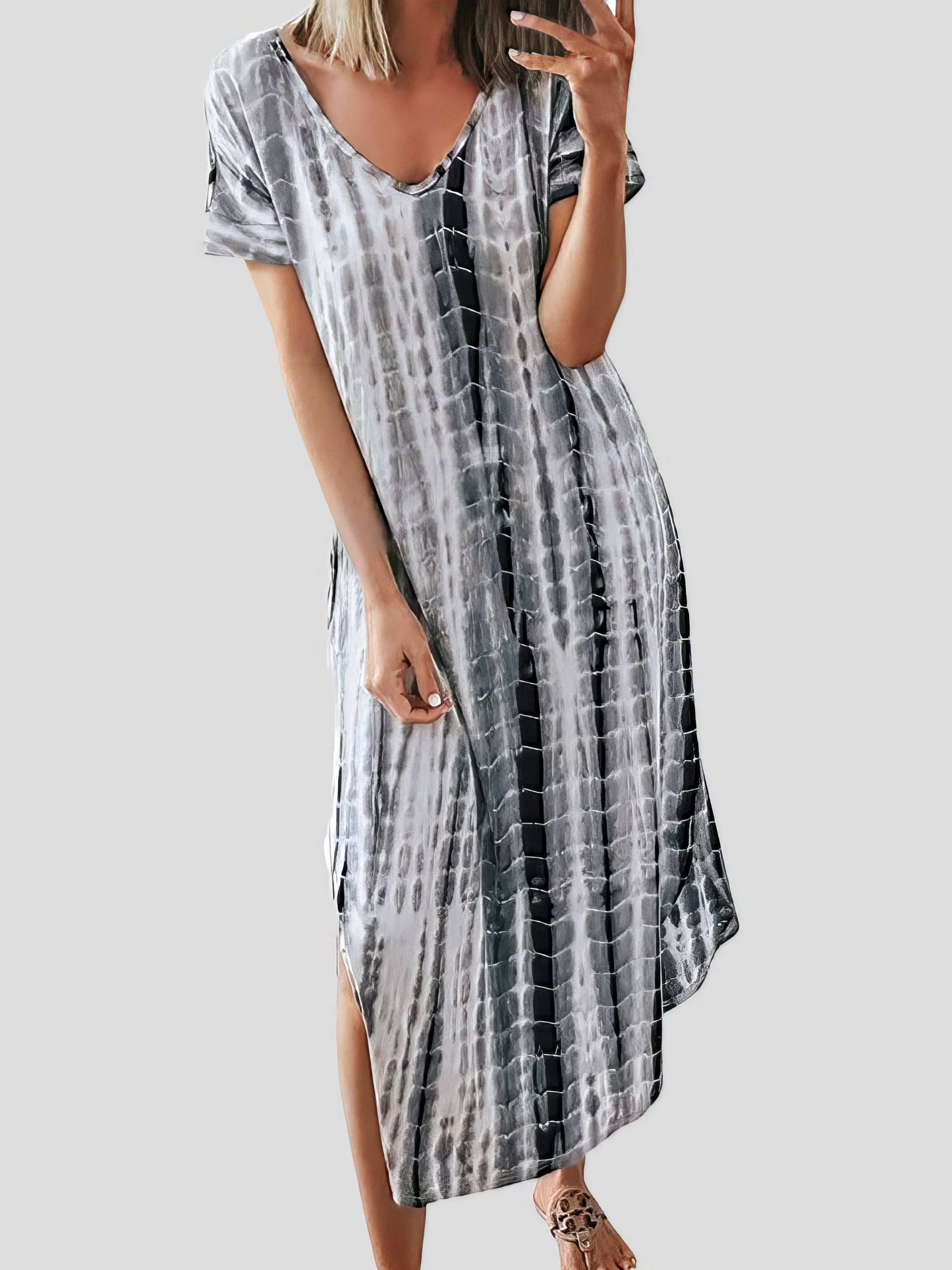 MsDressly Maxi Dresses Loose Tie-Dye Printed V-Neck Split Dress DRE2107121865GRAS