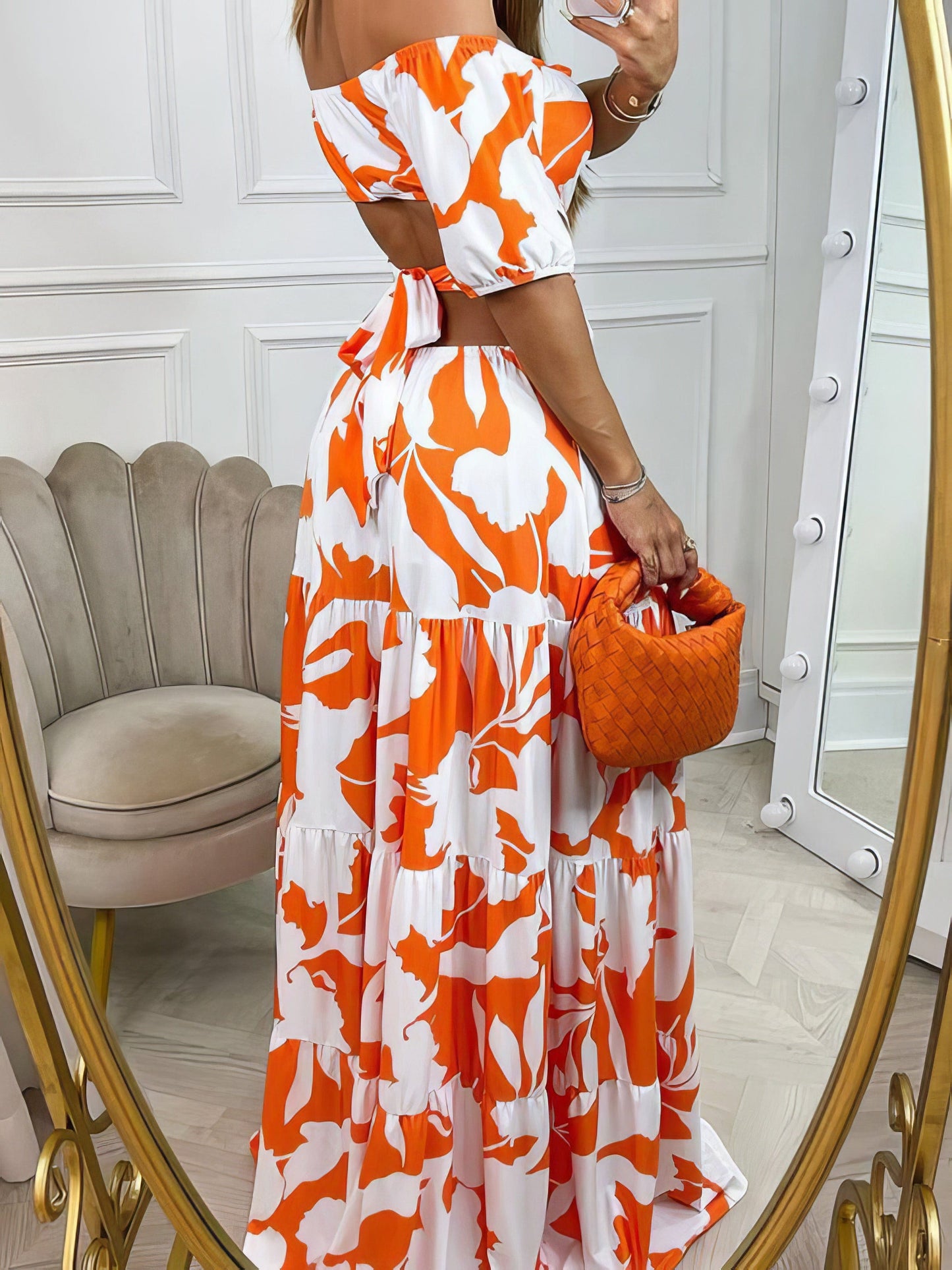 MsDressly Maxi Dresses One-Shoulder Print Cutout Short Sleeve Dress