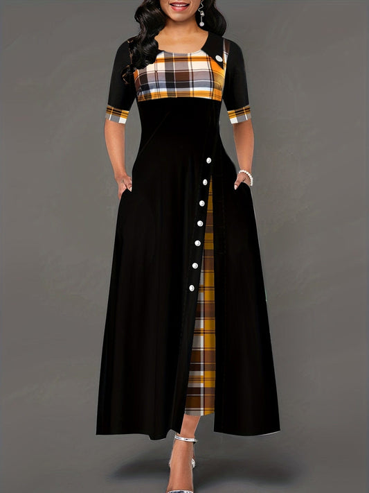 MsDressly Maxi Dresses Plaid Print Splicing Crew Neck Short Sleeve Slit Maxi Dress DRE231012111BLAS(4)