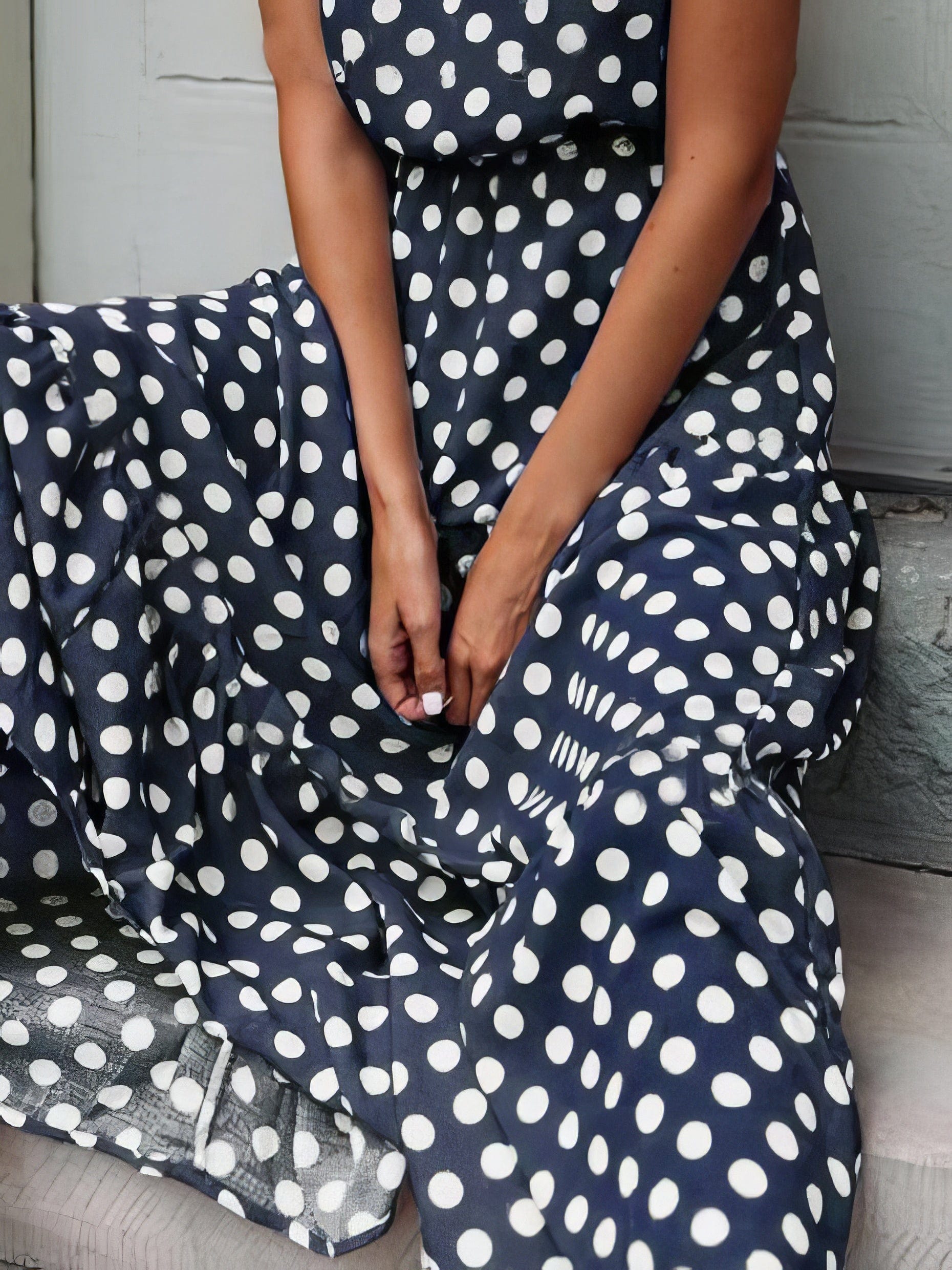 MsDressly Maxi Dresses Polka Dot Print Round Neck Casual Dress