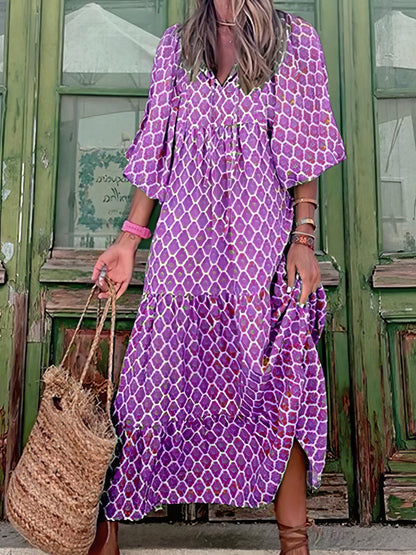 MsDressly Maxi Dresses Printed Long Sleeve Loose Bohemian Dress DRE2108102417PURS