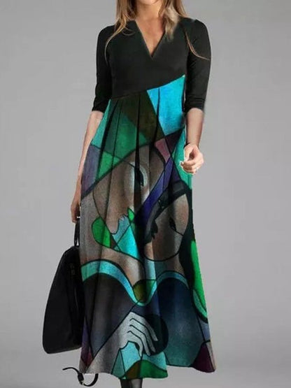 MsDressly Maxi Dresses Printed V-Neck Three-Quarter Sleeve Dress DRE2209175451GREM