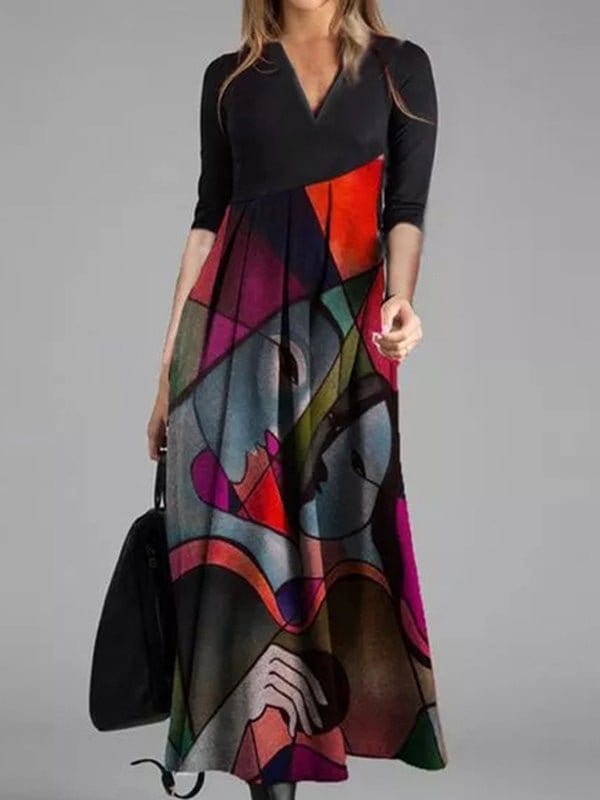 MsDressly Maxi Dresses Printed V-Neck Three-Quarter Sleeve Dress DRE2209175451REDM