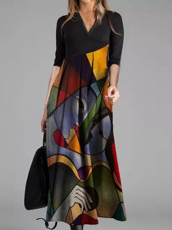 MsDressly Maxi Dresses Printed V-Neck Three-Quarter Sleeve Dress DRE2209175451YELM