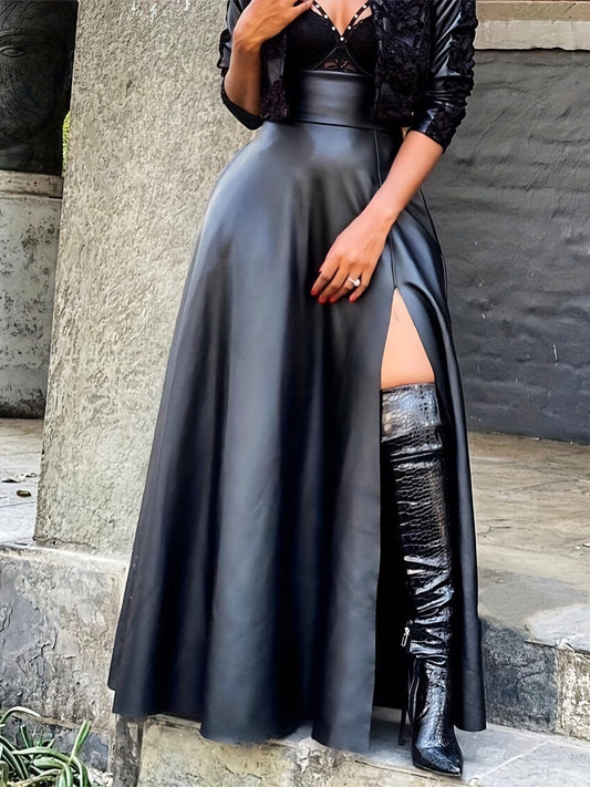 MsDressly Maxi Dresses Sexy Solid High Waist PU Leather Side Slit Maxi Dress DRE231012114BLAS