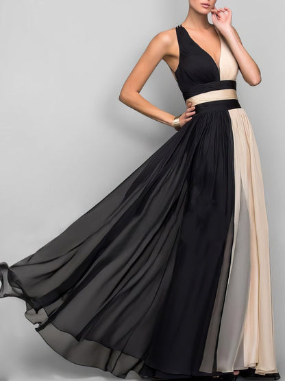 MsDressly Maxi Dresses Sleeveless Colorblock High Waist Queen Dress