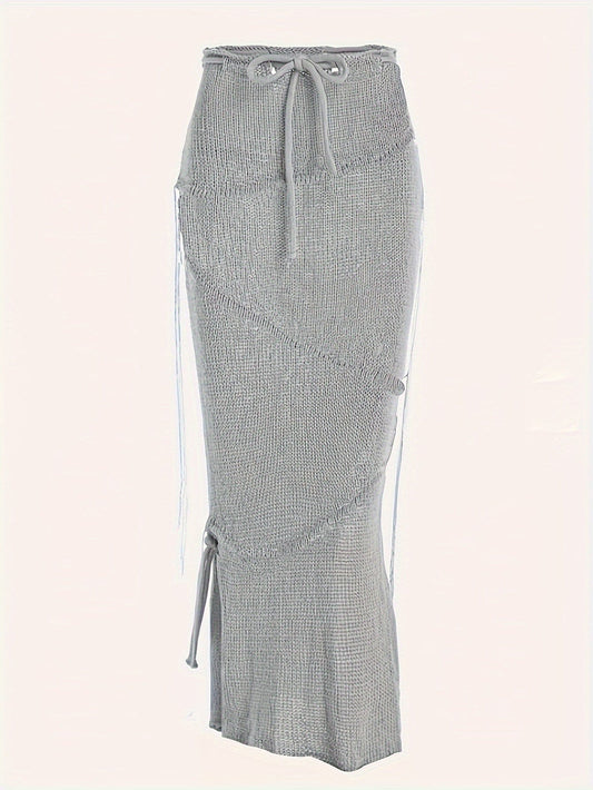 MsDressly Maxi Dresses Solid Knitted Drawstring Waist Side Shirring Maxi Dress DRE231012115LGYXS(2)