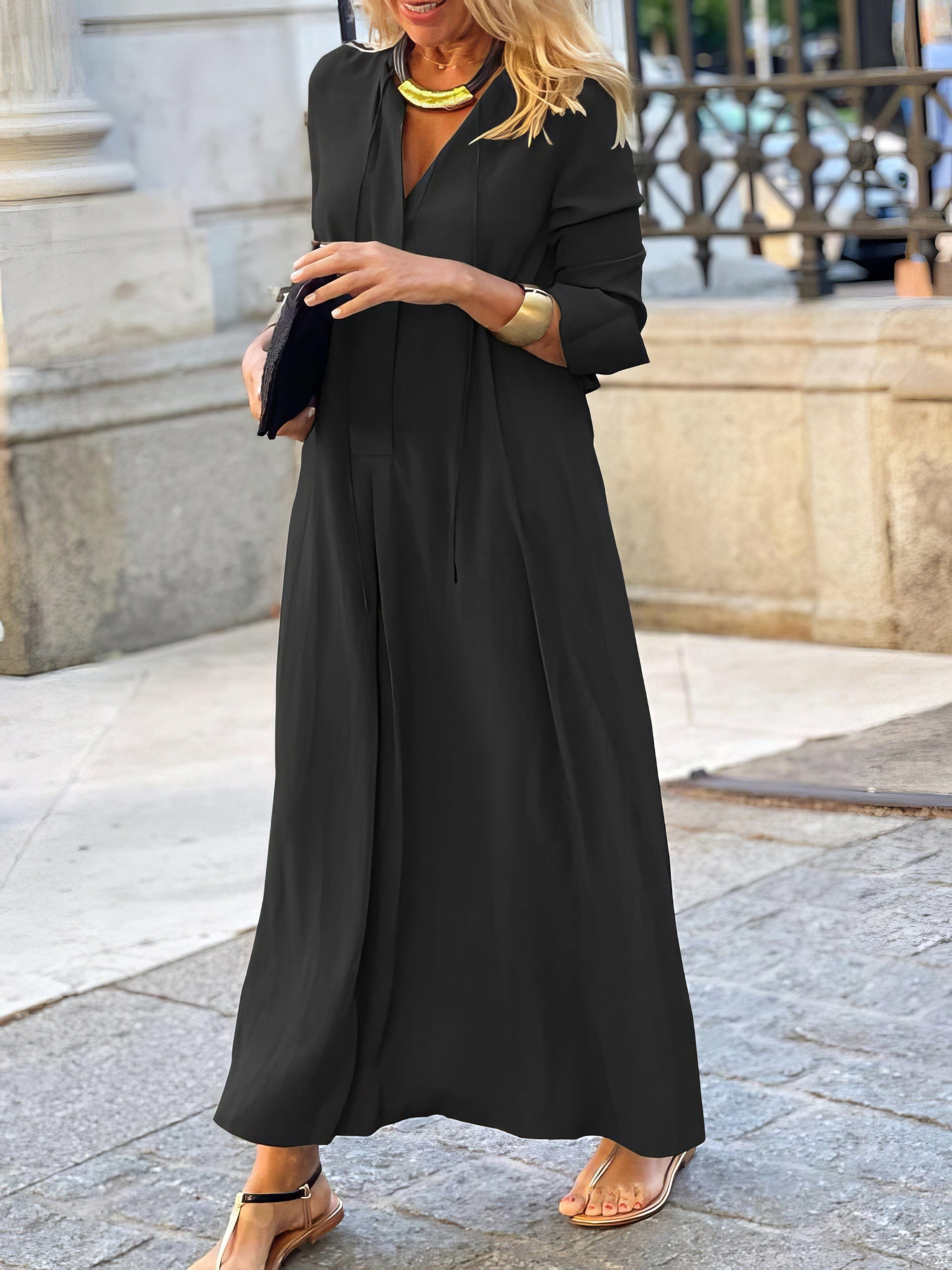 MsDressly Maxi Dresses Solid Lapel Long Sleeve Casual Dress DRE2209245515BLAS