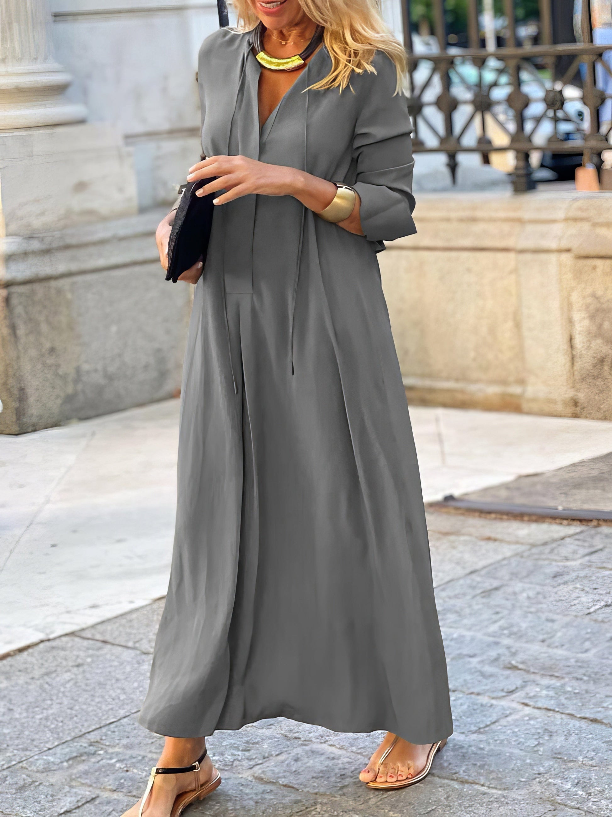 MsDressly Maxi Dresses Solid Lapel Long Sleeve Casual Dress DRE2209245515GRAS