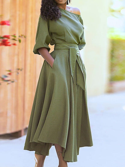 MsDressly Maxi Dresses Solid Tie Pocket Long Sleeve Dress DRE2209195463GRES