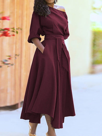 MsDressly Maxi Dresses Solid Tie Pocket Long Sleeve Dress DRE2209195463WREDS