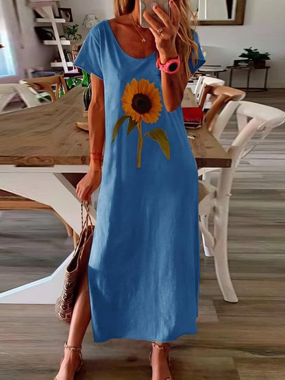 MsDressly Maxi Dresses Sunflower Print Short-sleeved Slit Dress DRE2107061693BLUS