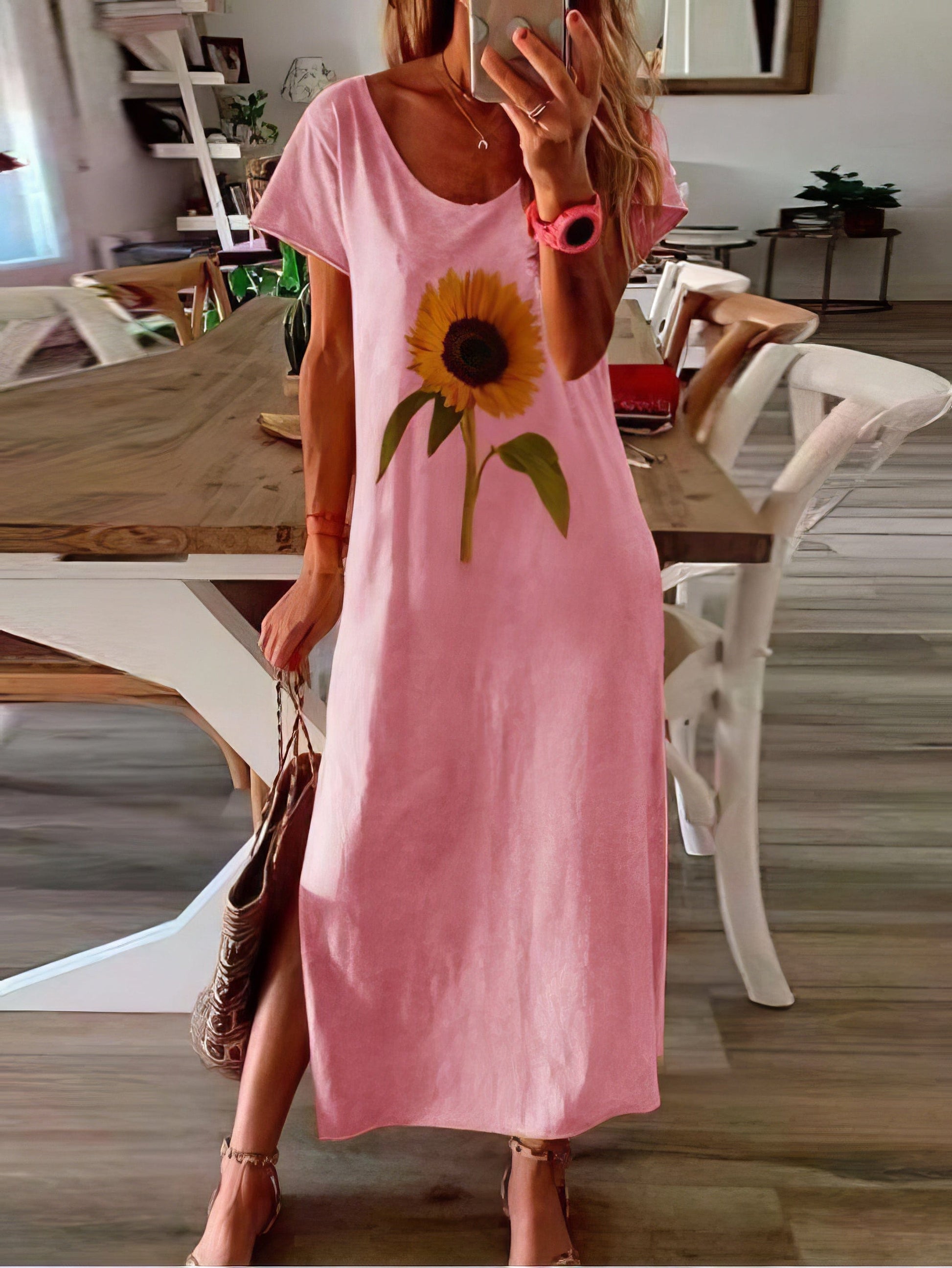 MsDressly Maxi Dresses Sunflower Print Short-sleeved Slit Dress DRE2107061693PINS