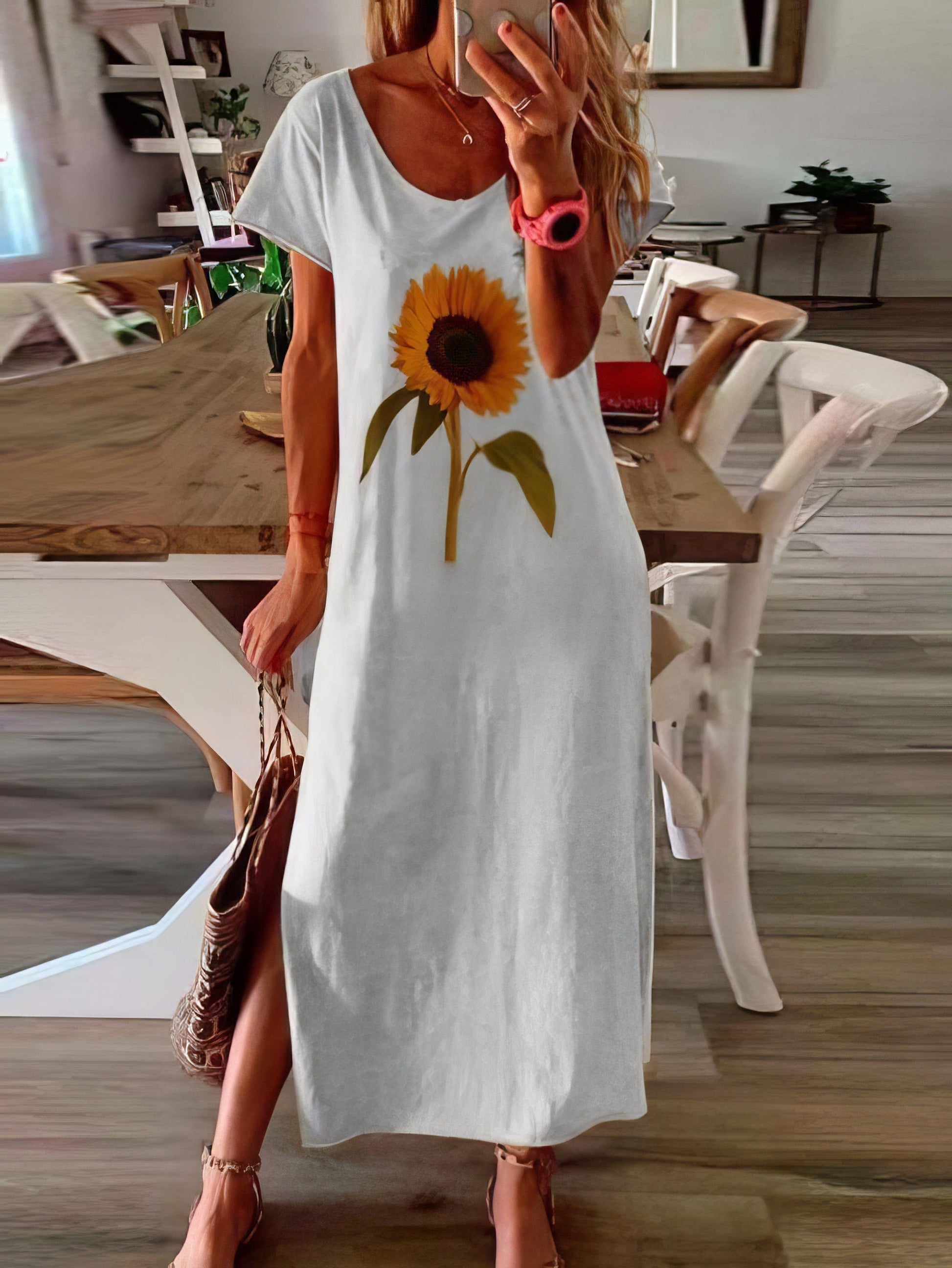MsDressly Maxi Dresses Sunflower Print Short-sleeved Slit Dress DRE2107061693WHIS